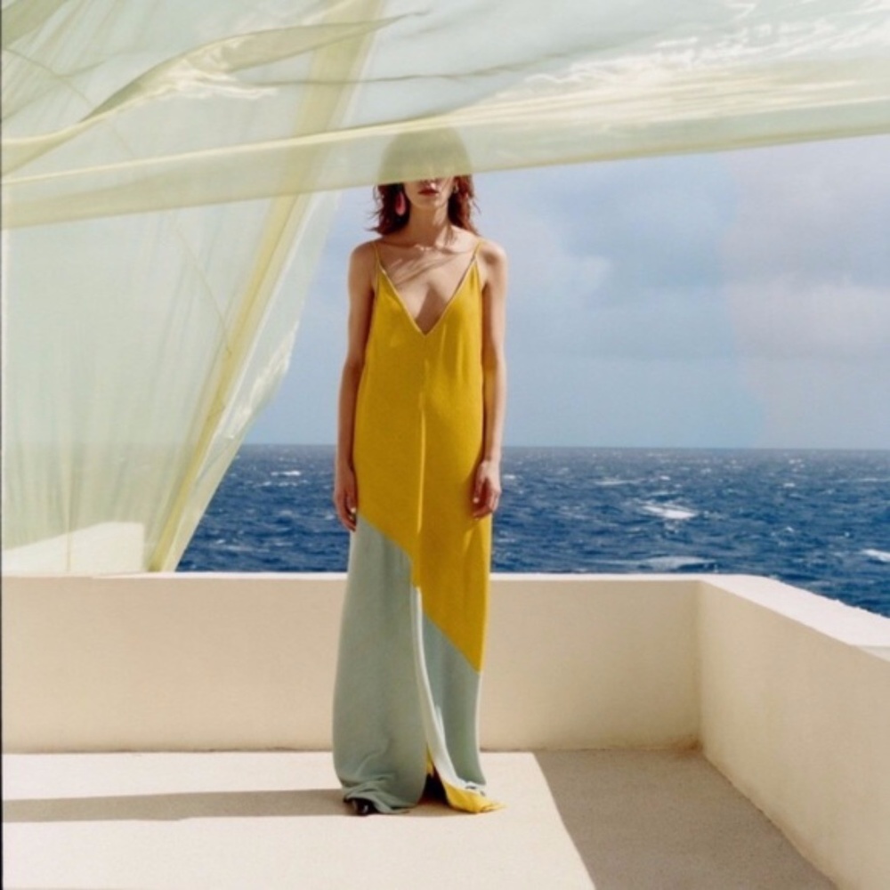 Zara Yellow/Blue Split Maxi Dress